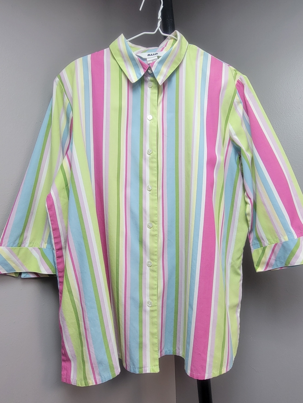 Alia Women Striped Button-Down Shirt Pink, Lime Sky Blue Pastel Multicolor Sz 18